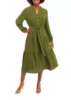 Women's Blouson Sleeve Henley Midi Dress