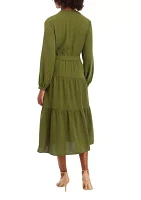 Women's Blouson Sleeve Henley Midi Dress