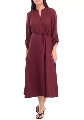 Women's 3/4 Sleeve Solid Tie Waist Fit and Flare Dress