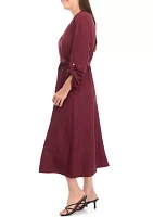 Women's 3/4 Sleeve Solid Tie Waist Fit and Flare Dress