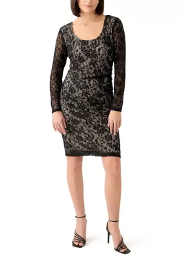 Women's Long Sleeve Scoop Neck Solid Lace Sheath Dress