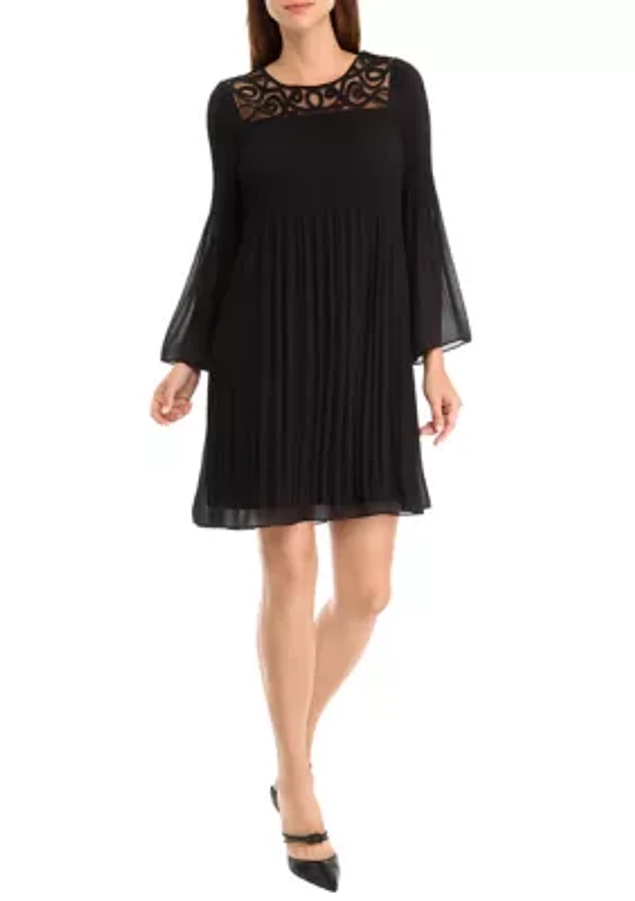 Women's Bell Sleeve Mesh Solid A-Line Dress