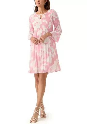 Women's 3/4 Sleeve Keyhole Neck Floral Printed A-Line Dress