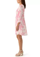 Women's 3/4 Sleeve Keyhole Neck Floral Printed A-Line Dress