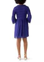 Women's 3/4 Sleeve V-Neck Solid A-Line Pleater Dress