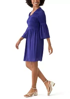 Women's 3/4 Sleeve V-Neck Solid A-Line Pleater Dress