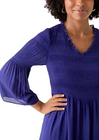 Women's 3/4 Sleeve V-Neck Solid A-Line Pleater Dress