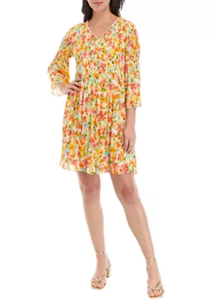 Women's Bell Sleeve Printed Pleater Dress