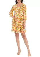 Women's Bell Sleeve Printed Pleater Dress