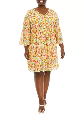 Plus Bell Sleeve Printed Pleater Dress