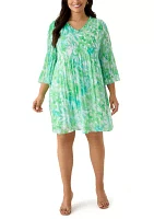 Plus 3/4 Sleeve V-Neck Floral Print Chiffon A-Line Dress