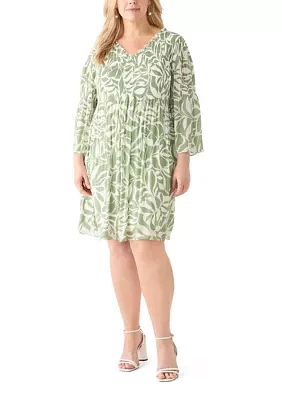 Plus Long Sleeve V-Neck Leaf Print Chiffon Dress