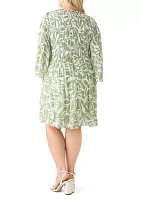 Plus Long Sleeve V-Neck Leaf Print Chiffon Dress