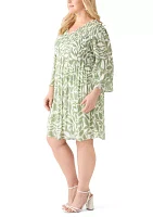 Plus Long Sleeve V-Neck Leaf Print Chiffon Dress