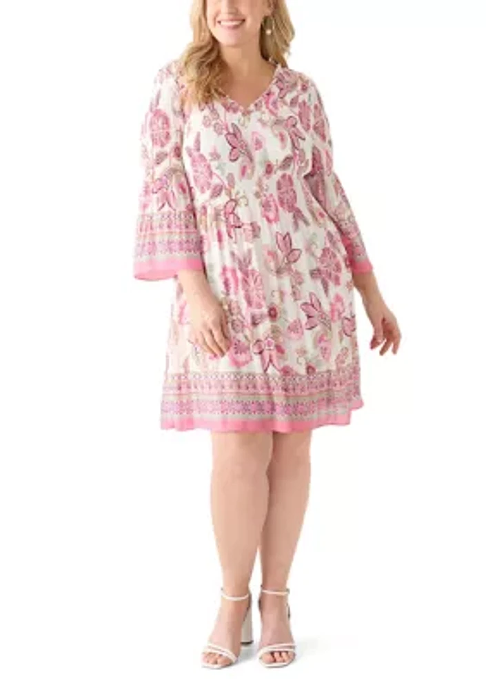 Plus Long Sleeve V-Neck Paisley Print Chiffon Dress