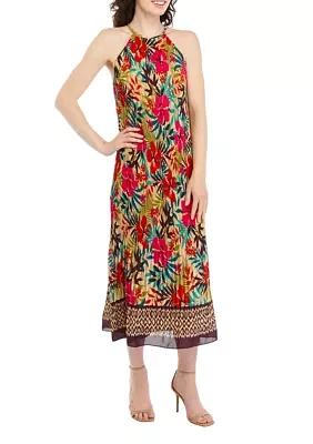 Women's Sleeveless Tropical Print Chiffon Midi Dress