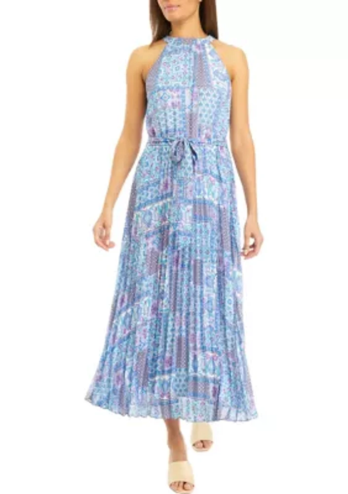 Women's Sleeveless Halter Patch Print Tie Waist Midi Dress