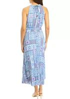 Women's Sleeveless Halter Patch Print Tie Waist Midi Dress