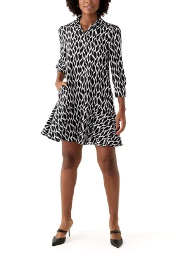 Women's 3/4 Sleeve Collared Abstract Print Mini Dress