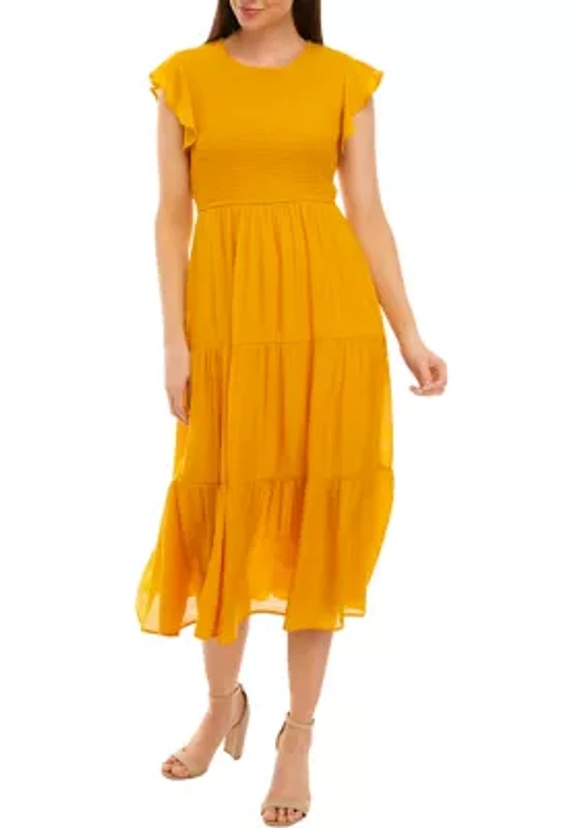 Emma & Michelle Women's Ruffle Sleeve Smocked Solid Gauze Midi Dress | The  Summit