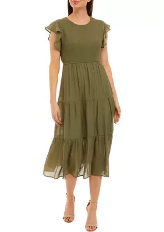 Emma & Michelle Women's Ruffle Sleeve Smocked Solid Gauze Midi Dress | The  Summit