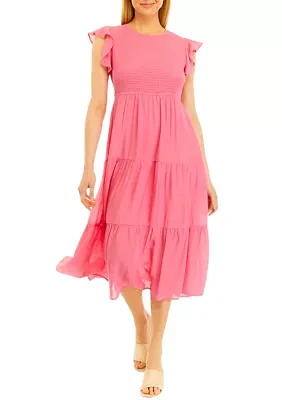 Women's Ruffle Sleeve Smocked Solid Gauze Midi Dress