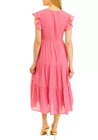 Women's Ruffle Sleeve Smocked Solid Gauze Midi Dress