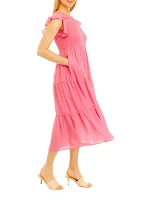 Women's Ruffle Sleeve Smocked Solid Gauze Midi Dress