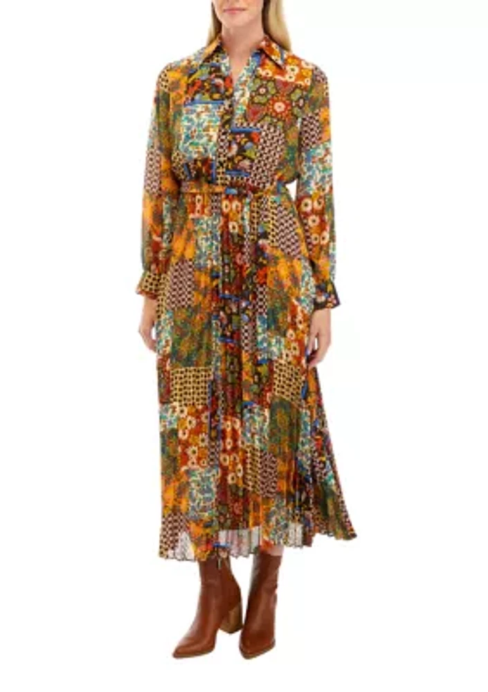 Women's Long Sleeve Scarf Patchwork Print Pleated Midi Shirtdress