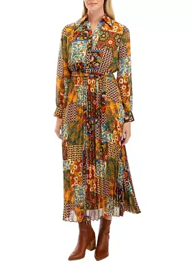 Women's Long Sleeve Scarf Patchwork Print Pleated Midi Shirtdress