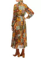 Women's Long Sleeve Scarf Patchwork Print Pleated Midi Shirtdress