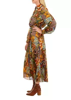 Women's Long Sleeve Scarf Patchwork Print Pleated Midi Shirtdress