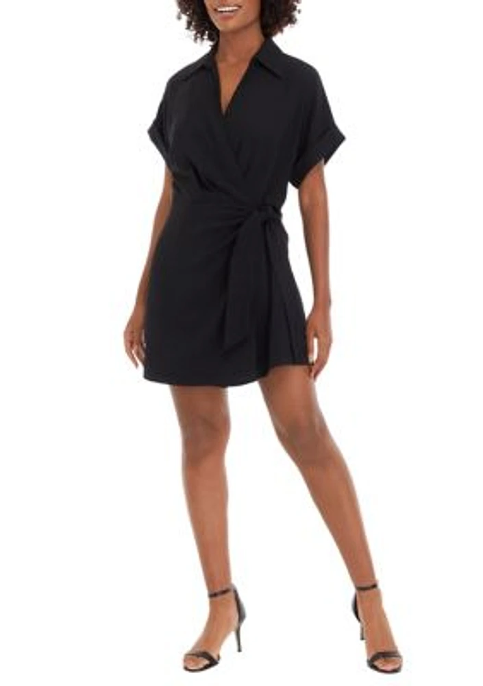 Women's Short Sleeve Solid Side Wrap Fit and Flare Dress