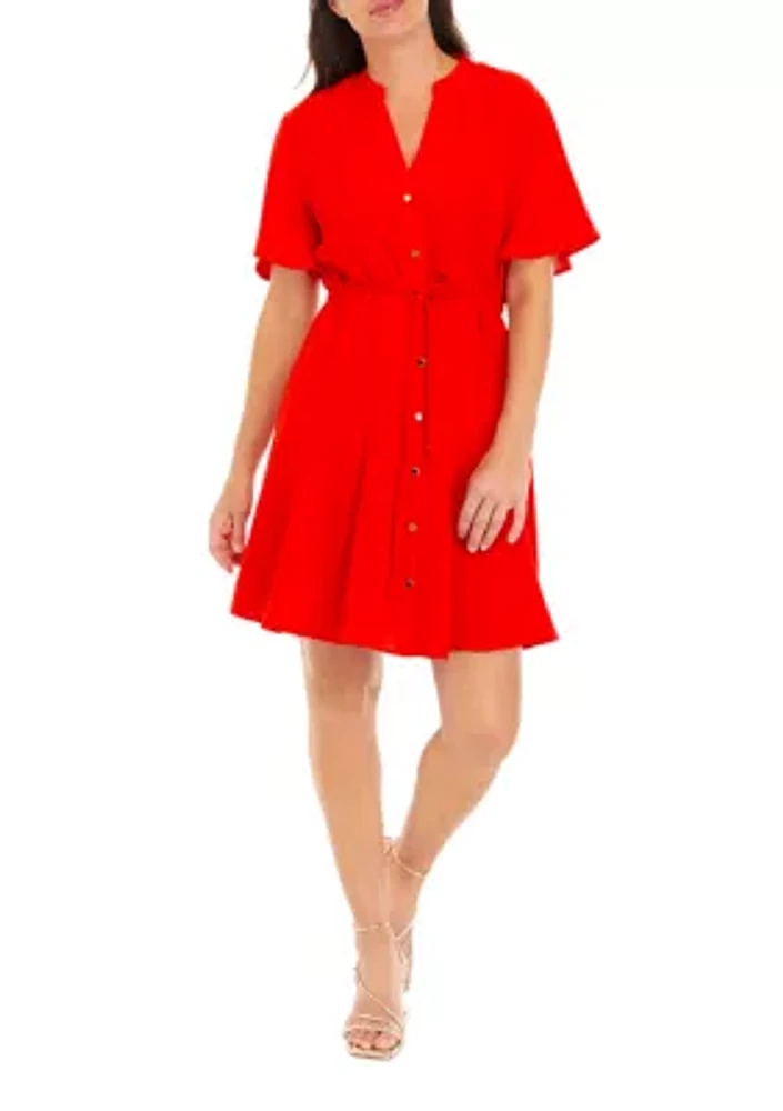 Women's Short Sleeve V-Neck Tie Waist Solid Shirtdress