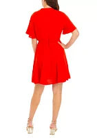 Women's Short Sleeve V-Neck Tie Waist Solid Shirtdress