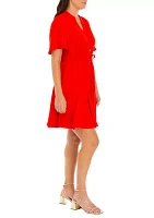 Women's Short Sleeve V-Neck Tie Waist Solid Shirtdress