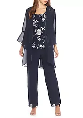 Le Bos Sheer Chiffon Patterned Top Duster Pant Set