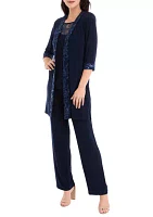 Women's 3-Piece Pull On Pant Set with Embroidery Shell