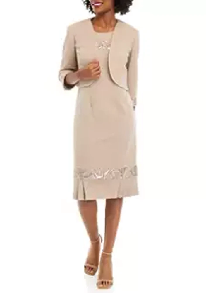 Le Bos Women's Stretch Knit Jacket Dress with Pleated Flouce Embroidered Trim