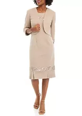 Le Bos Women's Stretch Knit Jacket Dress with Pleated Flouce Embroidered Trim