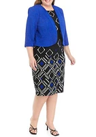 Plus 3/4 Sleeve Stretch Knit Jacket Dress With Sleeveless Printed