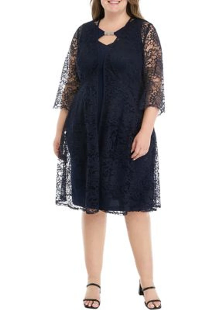 Plus Lace Keyhole Duster Jacket Dress with Rhinestone Trim