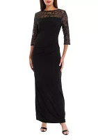 Women's Long Gown with Embroidered Neckline and Sleeves