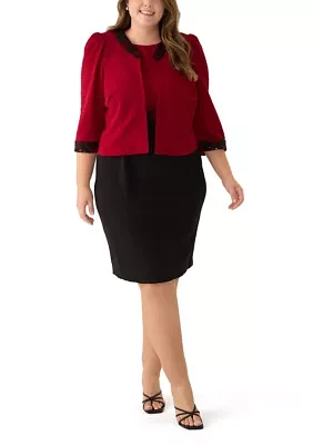 Plus Two Tone Crinkle Jacket Dress with Embroidery Trim at Waist