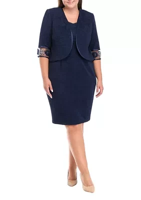 Plus Crinkle Knit Jacket Dress with 3D Embroidered Trim and Satin Piping