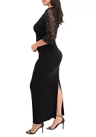 Plus Long Gown with Embroidered Trim on Neckline