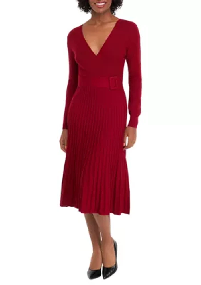 Women's Long Sleeve V-Neck Solid Belted Sweater Fit and Flare Dress