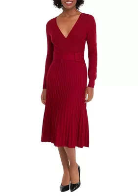 Women's Long Sleeve V-Neck Solid Belted Sweater Fit and Flare Dress