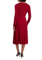 Women's Long Sleeve V-Neck Solid Belted Sweater Fit and Flare Dress