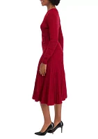 Women's Long Sleeve V-Neck Solid Belted Sweater Fit and Flare Dress